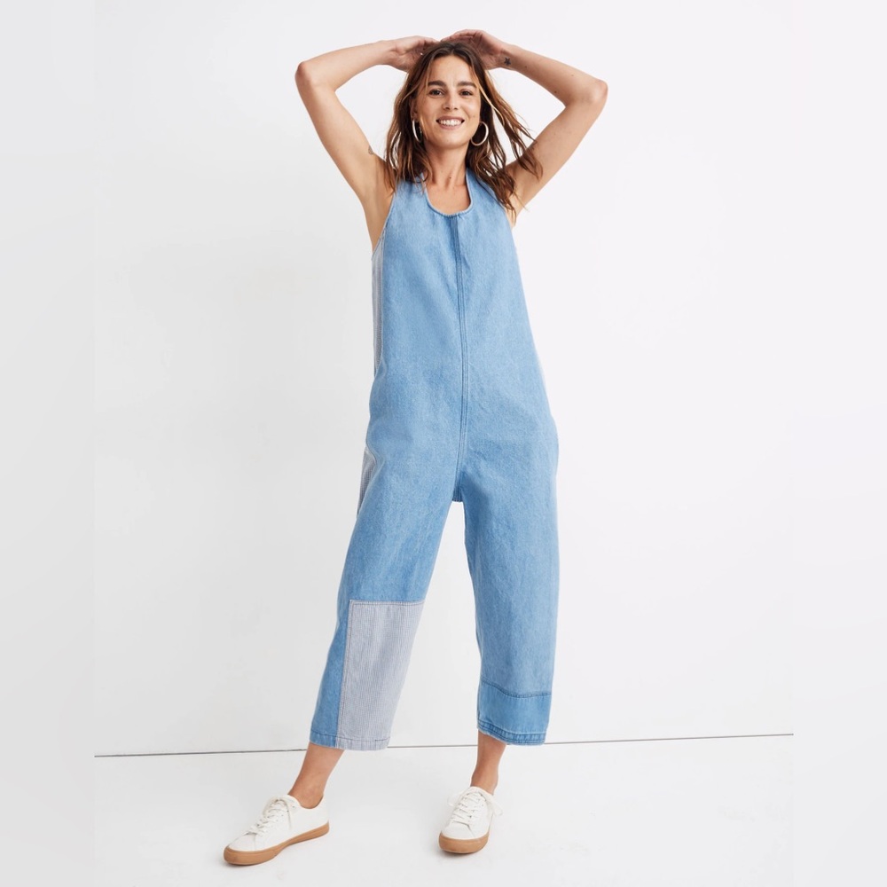 Caron Callahan Krista Jumpsuit Patchwork Light Denim XS $425